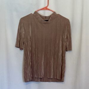 ZARA Metallic Pleated Top Women’s Medium Mock Neck Shimmer Crinkle Short Sleeve